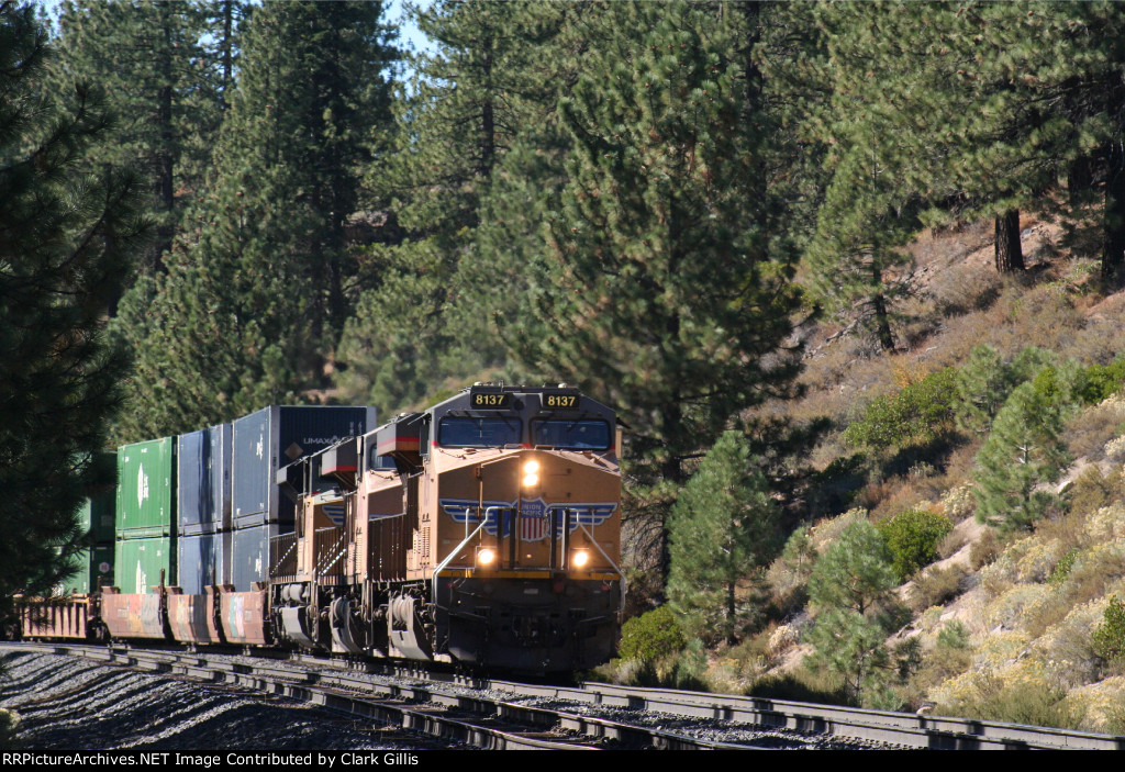 Eastbound Stack train approaching west Truckee crossovers